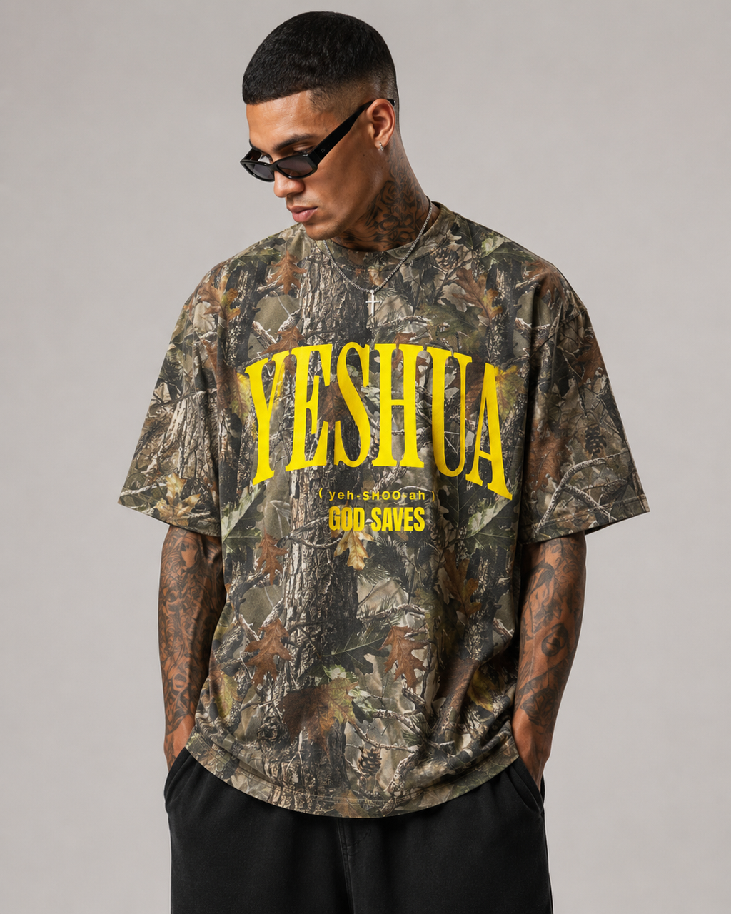 YESHUA “God Saves” Camo Tee – Christian Streetwear Heavyweight T-Shirt