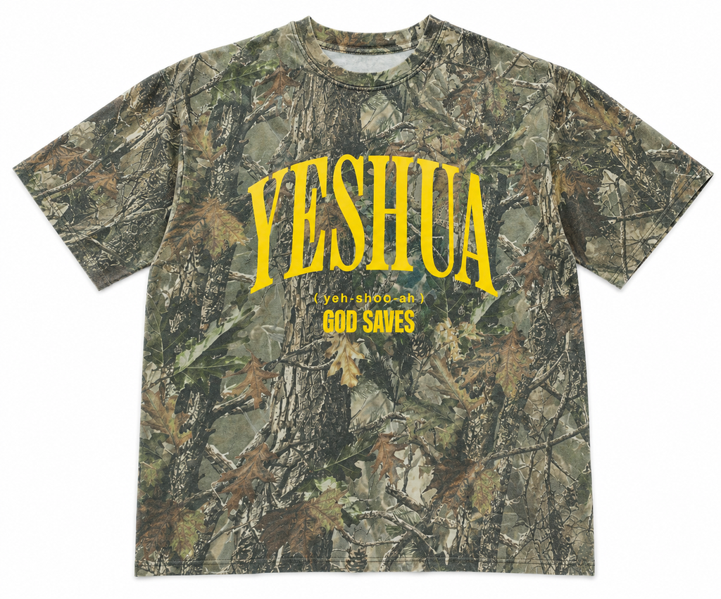 YESHUA “God Saves” Camo Tee – Christian Streetwear Heavyweight T-Shirt