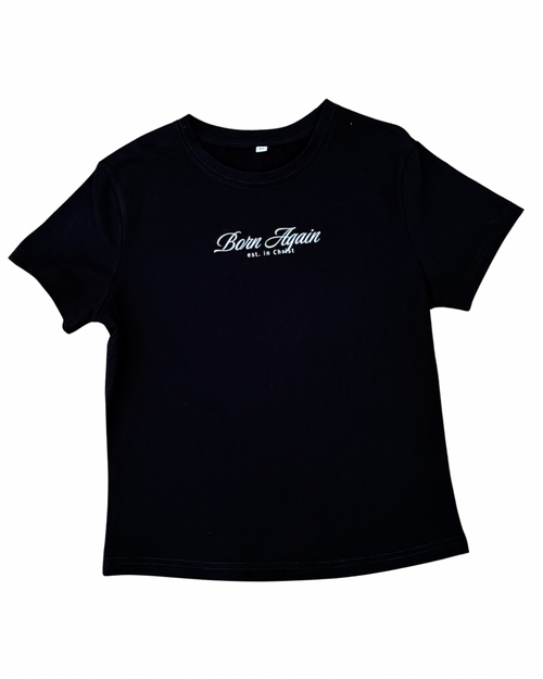 Born Again “Established in Christ” Fitted Baby Tee – Women’s Christian Streetwear (Black)