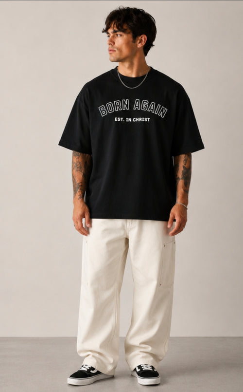 Born Again Essential Heavyweight Tee – Christian Streetwear Oversized T-Shirt (Black)