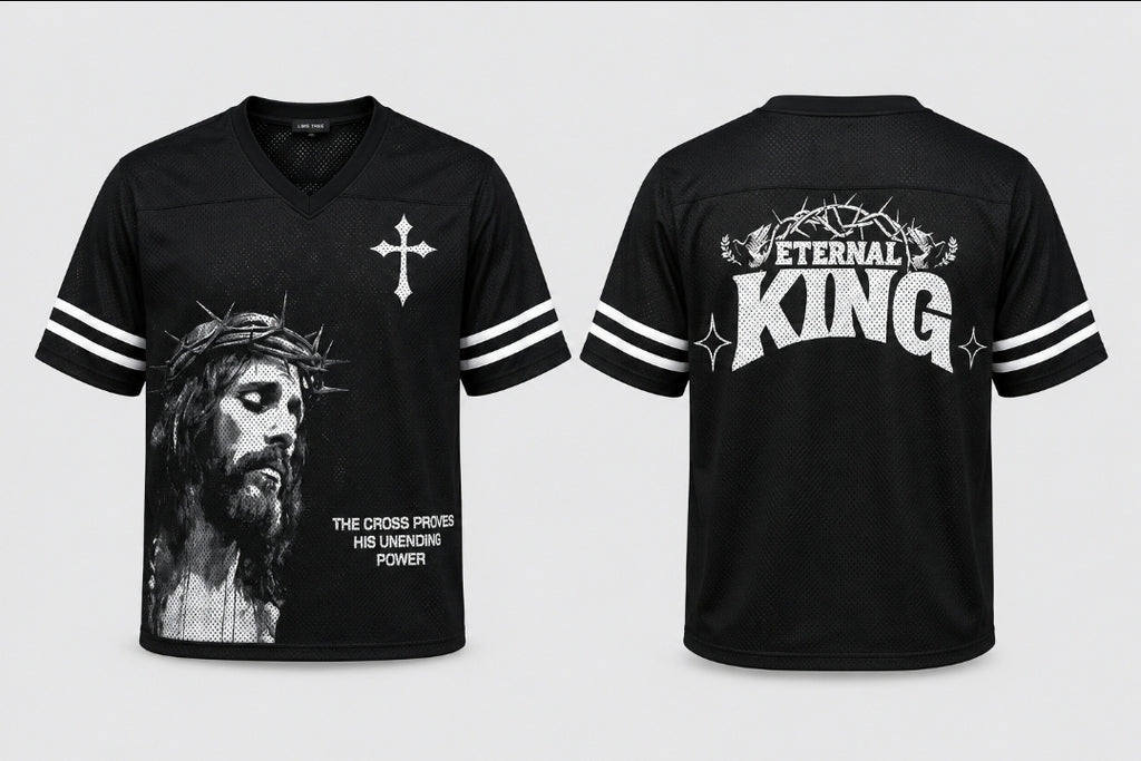 Eternal King Jersey Tee – Christian Streetwear Mesh Shirt (Black)