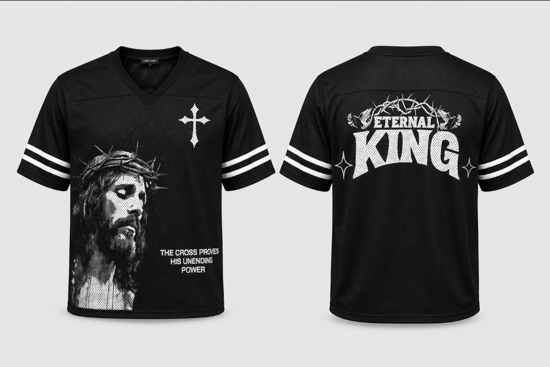 Eternal King Jersey Tee – Christian Streetwear Mesh Shirt (Black)