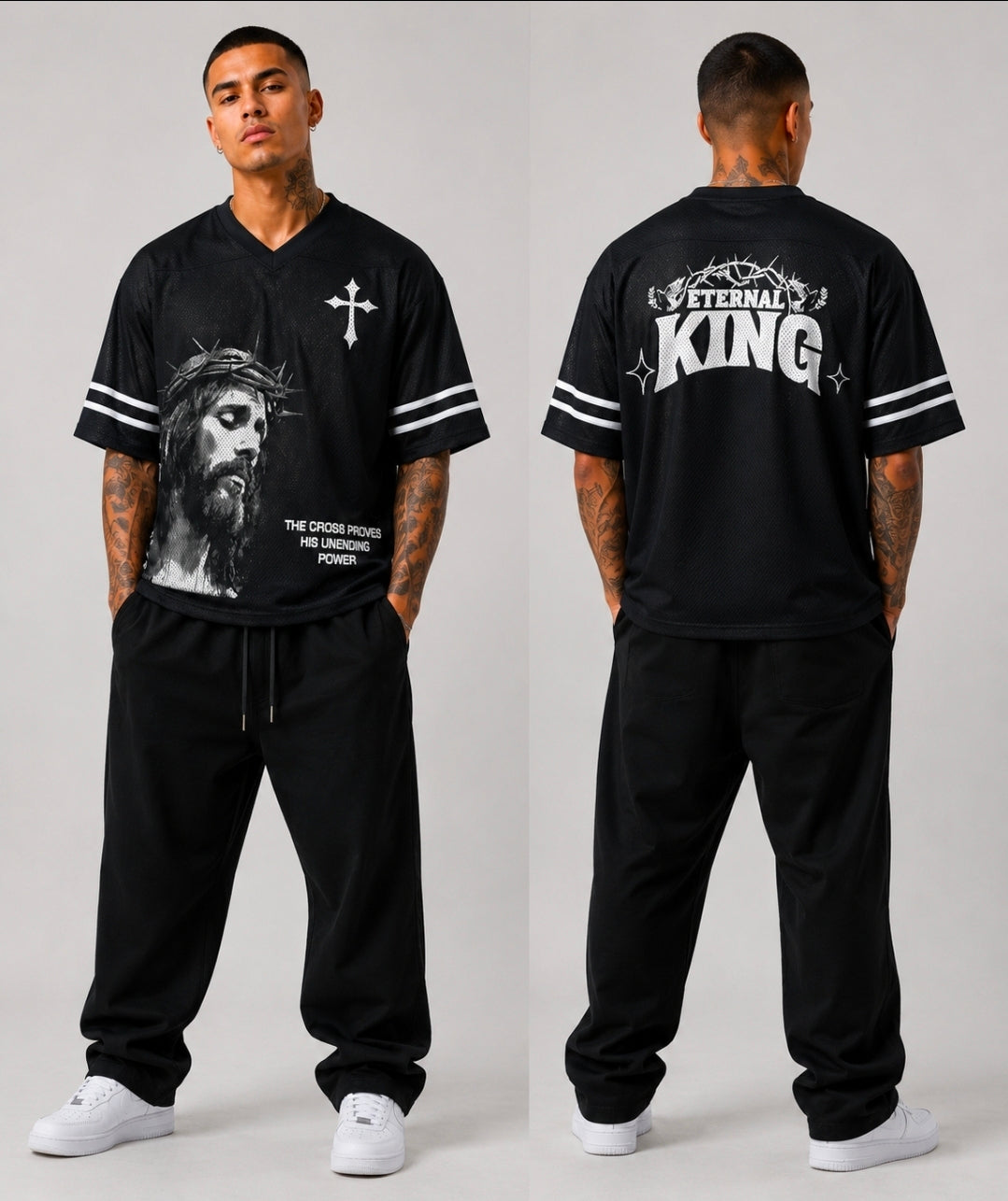 Eternal King Jersey Tee – Christian Streetwear Mesh Shirt (Black)