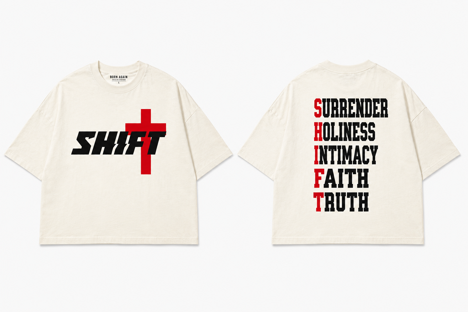 SHIFT Christian Streetwear Tee – Surrender Holiness Intimacy Faith Truth (Off White)