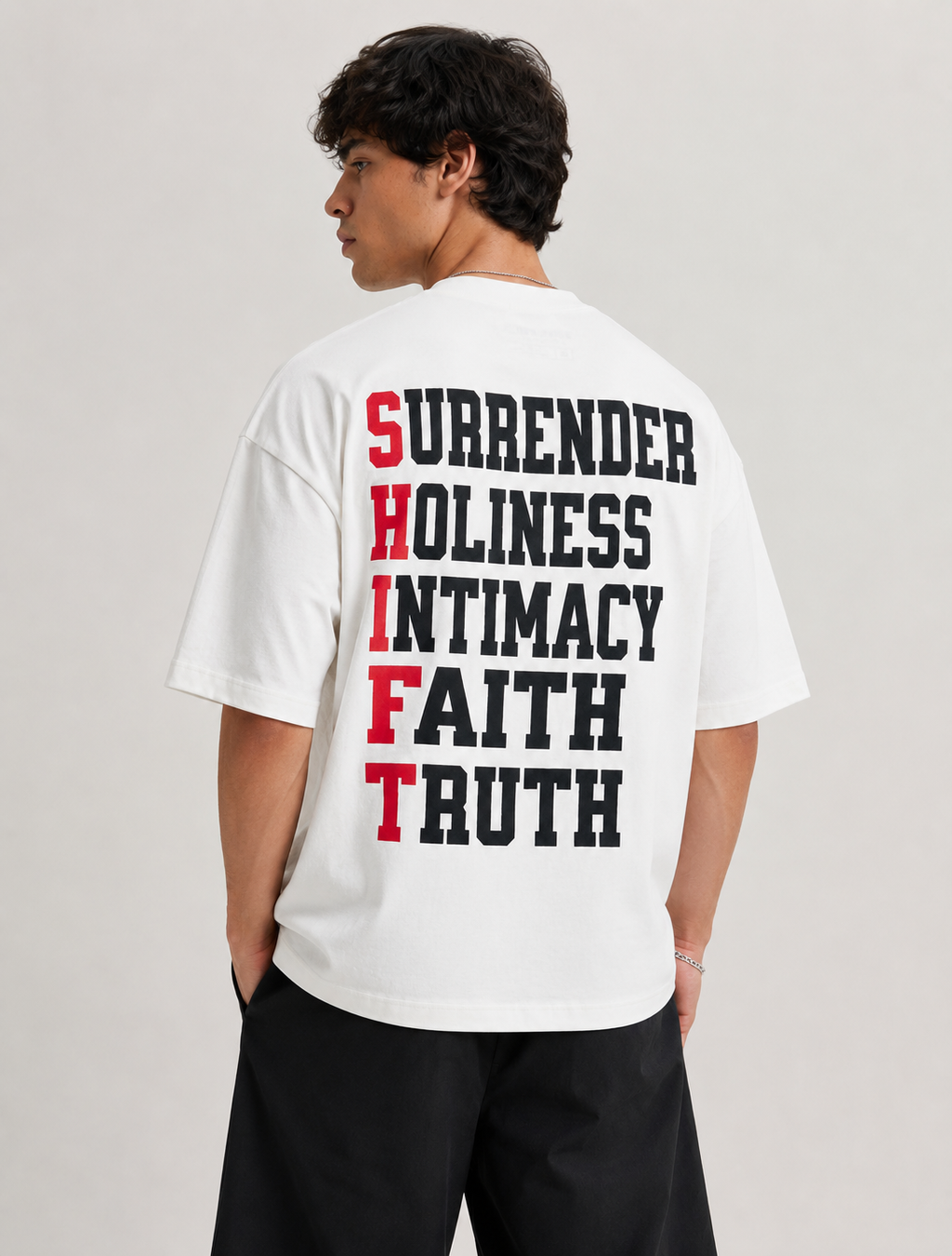 SHIFT Christian Streetwear Tee – Surrender Holiness Intimacy Faith Truth (Off White)
