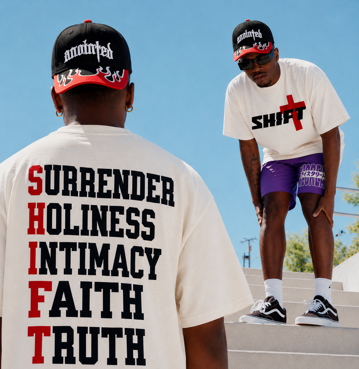 SHIFT Christian Streetwear Tee – Surrender Holiness Intimacy Faith Truth (Off White)