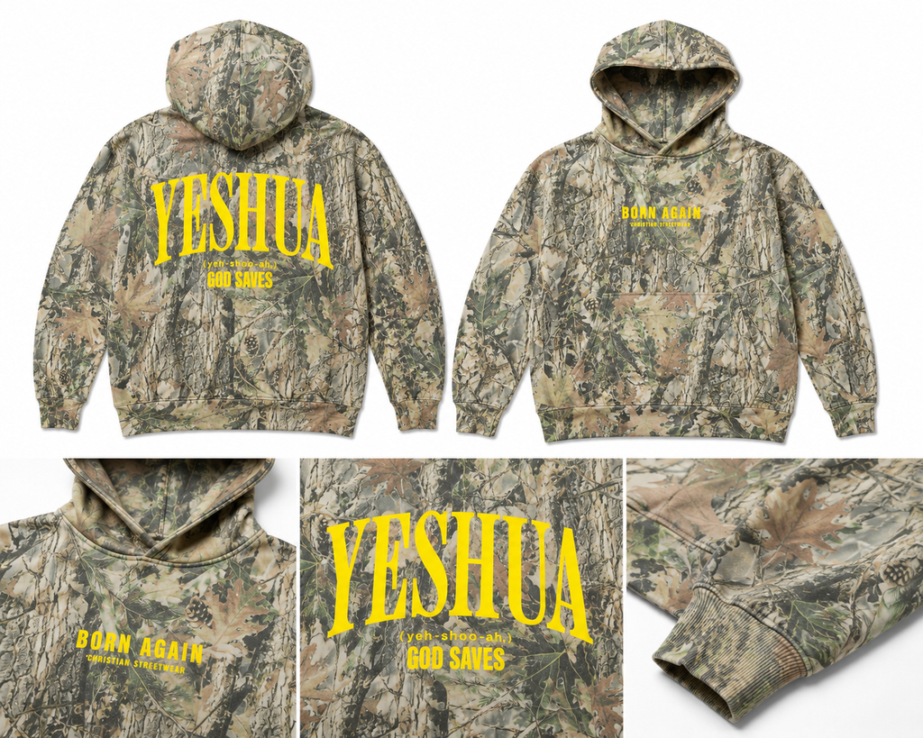 YESHUA “God Saves” Camo Hoodie – Christian Streetwear Heavyweight Pullover